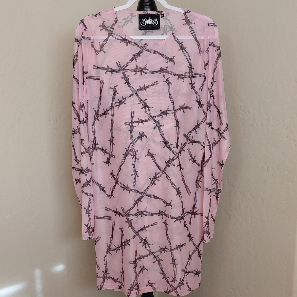 KILLSTAR 3X PINK LONG SLEEVED SHEER BARBED WIRE PRINT TUNIC